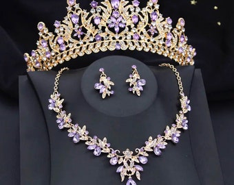 Purple Gold Baroque Wedding Tiara Set, Purple Tiara Necklace Earring Set,  Gold Prom Hair Jewelry,  Floral Headpiece Quinceanera Crown Set