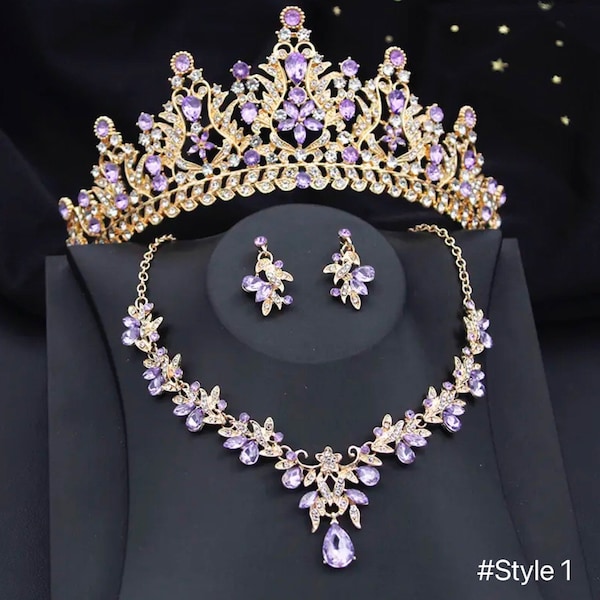 Purple Gold Baroque Wedding Tiara Set, Purple Tiara Necklace Earring Set,  Gold Prom Hair Jewelry,  Floral Headpiece Quinceanera Crown Set