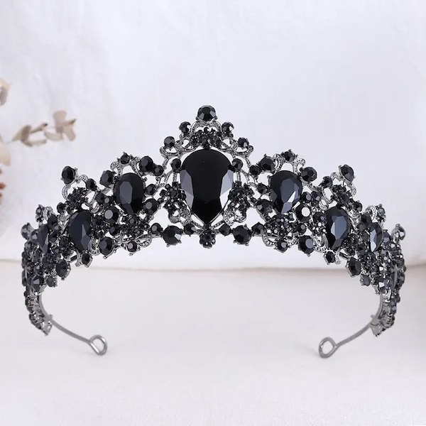 Black Crystal Wedding Crown, Bridal Headpiece, Birthday Party Crown, Gothic Crown, Princess Queen Tiaras, Black Rhinestone Headband Crown