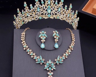 Grüner Opal Braut Tiara Set, Hochzeit Schmuck Set für Bräute, Gold Braut Halskette und Ohrringe Set, Quinceanera Krone, Hochzeit Kopfschmuck