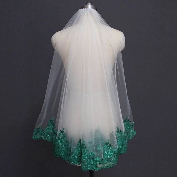 White Green One Layer Bridal Veil, Short Fingertip Veil, Emerald Green Embroidered Veil, Lace Tulle Floral Veil, Wedding Accessories