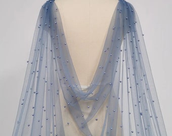 Cape de mariage perle bleu clair, cape de mariée simple, boléro de mariée bleu, voile cathédrale, voile de tulle à longues épaules, robe de mariée en dentelle bleue