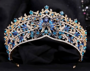 Gorgeous Baroque Blue Crystal Crown, Gold Blue Bridal Tiara, Butterfly Wedding Headpiece, Bridesmaids Hair Jewelry, Blue Quinceanera Crown