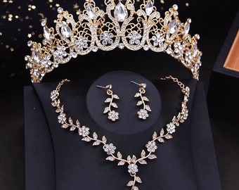 Conjunto de tiara nupcial de oro barroco, corona de quinceañera de plata, conjunto de pendientes de collar nupcial, tocado de boda, conjunto de joyas de fiesta, regalo para novias