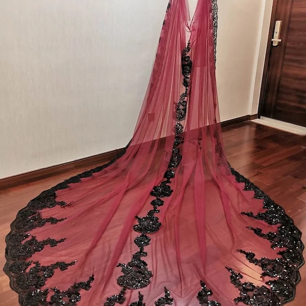 Dark Burgundy Tulle Black Lace Wedding Cape, Black Edge Embroidered Floral Lace Sequins, Gothic  Elegant Bridal Cloak, Cathedral Cape