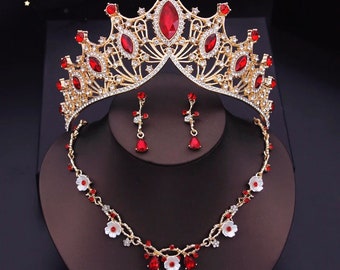 Gorgeous Red Crystal Bridal Tiara, Baroque Wedding Crown Set, Bridesmaids Headpiece, Red Bridal Hair Piece, Bridal Necklace and Earrings Set