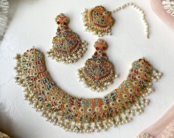 Nauratan Necklace, Earrings and Tikka Set