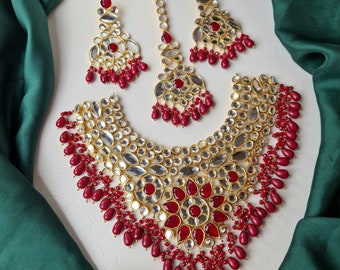 Rotes antikes Polki Kundan Set, Ohrringe, Halskette/Statement Halskette/Indisch/Punjabi Halskette/Pakistanischer Schmuck, Brautset