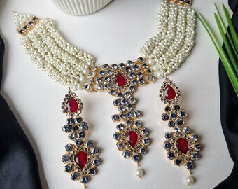 Indischer Schmuck, Unkrautset, Kundan mit roten Monalisa-Steinen, verstellbares Halsketten-Set mit Ohrringen