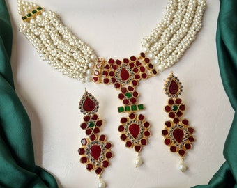 Indian bridal jewellery, Weeding set, kundan with red Monalisa stones, Adjustable choker Necklace Set With Earrings