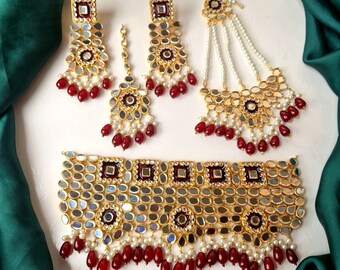 Conjunto de joyería de boda india, collar, pendiente, matha patti y Tikka Set I Joyería de declaración I Rojo rubí, Conjunto de diamantes de imitación de oro