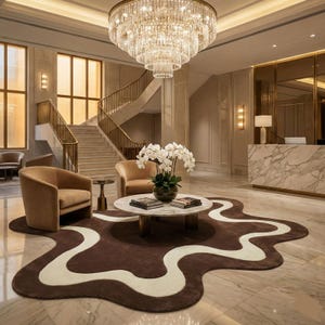May include: An elegant lobby with a large crystal chandelier, marble floors, and a winding staircase. The space features a brown and cream-colored rug, two armchairs, and a round coffee table with books and a vase of white flowers.