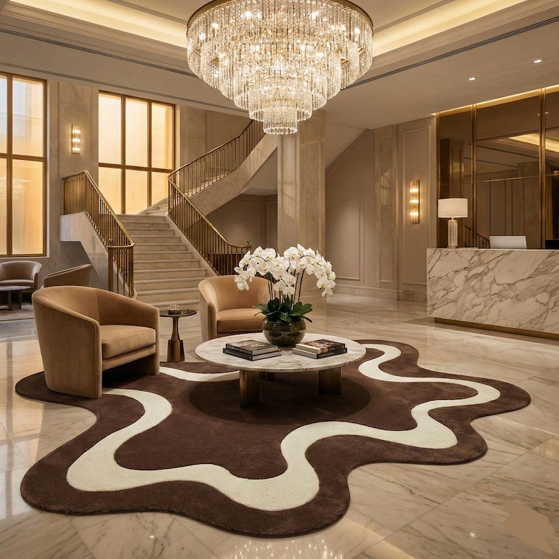 May include: An elegant lobby with a large crystal chandelier, marble floors, and a winding staircase. The space features a brown and cream-colored rug, two armchairs, and a round coffee table with books and a vase of white flowers.