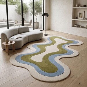Custom Irregular Wavy Rug, Hand Tufted Wool Area Rug, Retro Abstract Pattern, Green Cream Blue, Boho Modern Bedroom Floor Decor