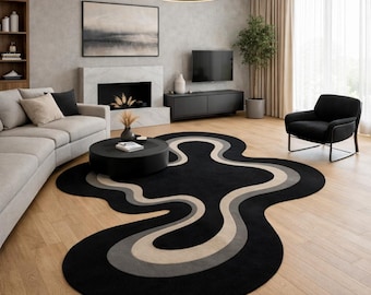 Black Wavy Area Rug, Irregular Shape Blob Carpet, Gray Beige Flowing Lines, Modern Aesthetic Decor, Statement Living Room Tufted Wool Rug