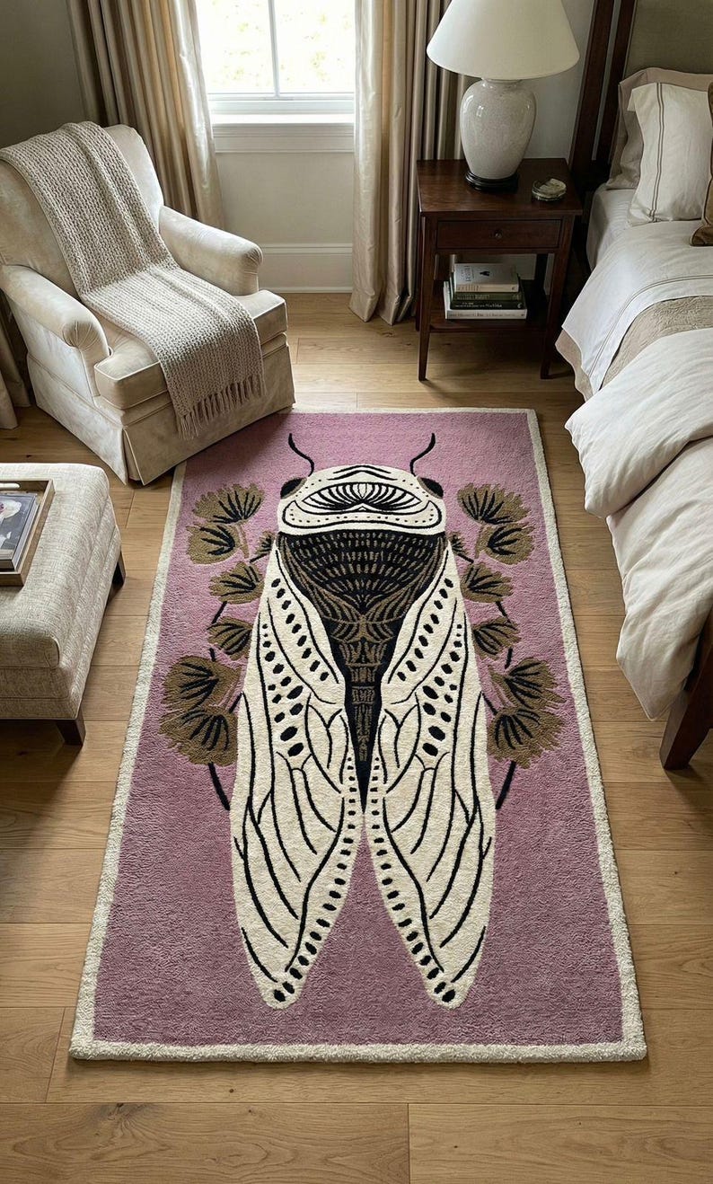 Modern Black Insect Rug Floor Rug Hand Tufted Cicada Rug | Insect Art Area Rug | Purple ...