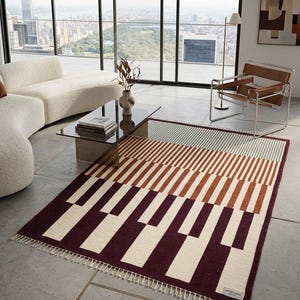 Modern Geometric Area Rug, Bold Stripe Block Pattern, Burgundy Orange Cream, Handwoven Flatweave Durry, Minimalist Living Room Decor