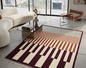 Modern Geometric Area Rug, Bold Stripe Block Pattern, Burgundy Orange Cream, Handwoven Flatweave Durry, Minimalist Living Room Decor