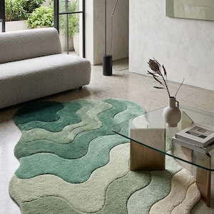 Gradient Green Abstract Blob Rug Hand Tufted Irregular Wool Carpet Modern American Luxury Decor, Fluid Wavy Shape Area Rug 3D Carved Texture