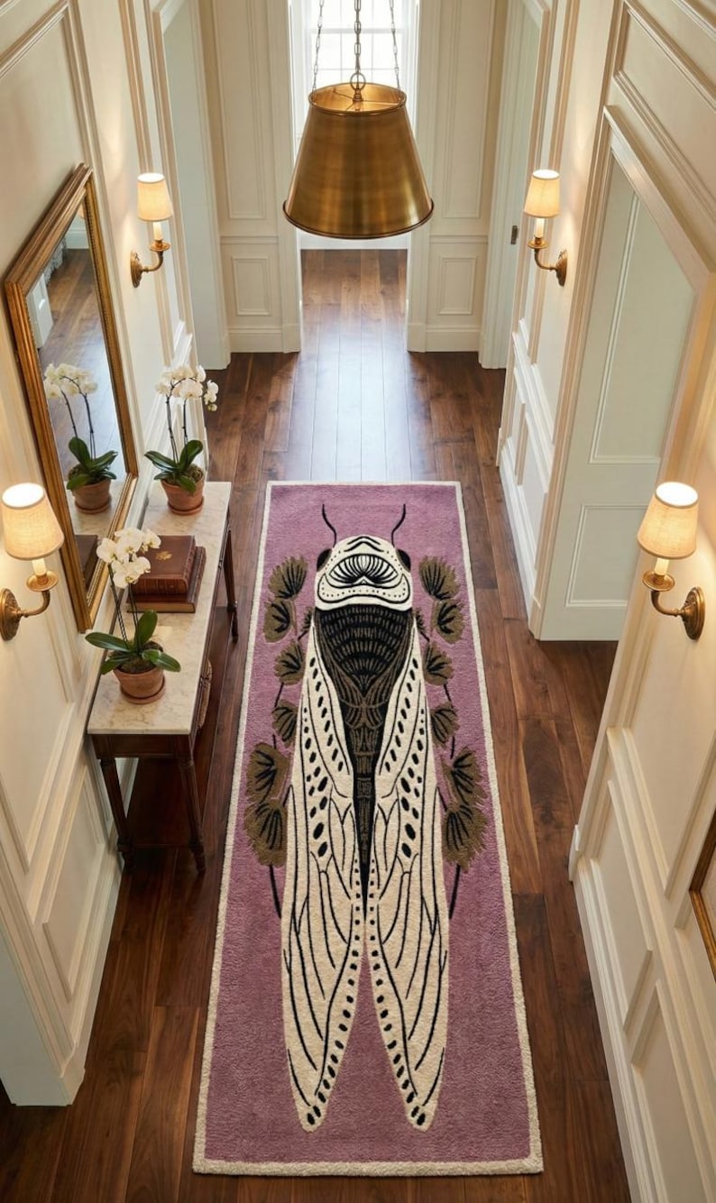 Modern Black Insect Rug Floor Rug Hand Tufted Cicada Rug | Insect Art Area Rug | Purple ...