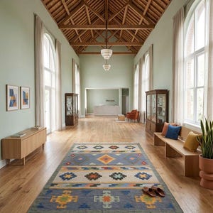 Hand Woven Durry Rug, Blue Geometric Kilim, Southwestern Tribal Pattern, Blue Orange Cotton Wool, Boho Flatweave, Living Room Office Decor