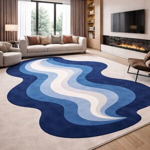 Abstract Wavy Area Rug, Layered Wave Pattern, Blue and White Hand Tufted Wool, Modern Plush Texture, Living Room Statement Carpet