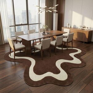 May include: A modern dining room set with a large wooden table and eight beige upholstered chairs. A unique brown rug with a cream-colored wavy design sits beneath the table. The room has large windows and a city view.