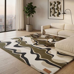 Green Abstract Area Rug, Wavy Organic Pattern, Olive Green and Cream Wool, Modern Plush Tufted Texture, Living Room Bedroom Decor