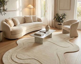 Abstract Wavy Area Rug, Modern Irregular Shape Cream Rug, Minimalist Neutral Handmade Carpet, Contemporary Floor Rug for Living Room Bedroom