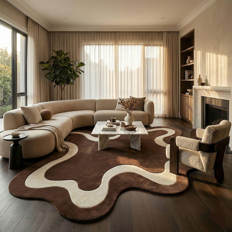 May include: A modern living room featuring a large, curved beige sofa, a marble coffee table, and a brown rug with a cream-colored wavy design. A cozy armchair and a side table complete the space. The room has large windows and neutral-toned curtains.