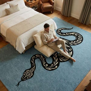Könnte beinhalten: Hellblauer Teppich mit einem großen schwarz-weißen Schlangenmuster. Der Körper der Schlange schlängelt sich über den Teppich, mit detaillierten Mustern. Der Teppich befindet sich in einem Schlafzimmer.