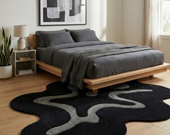 Modern Abstract Wavy Black Rug | Irregular Shape Hand Tufted Carpet | Contemporary Area Rug for Living Room & Bedroom Decor