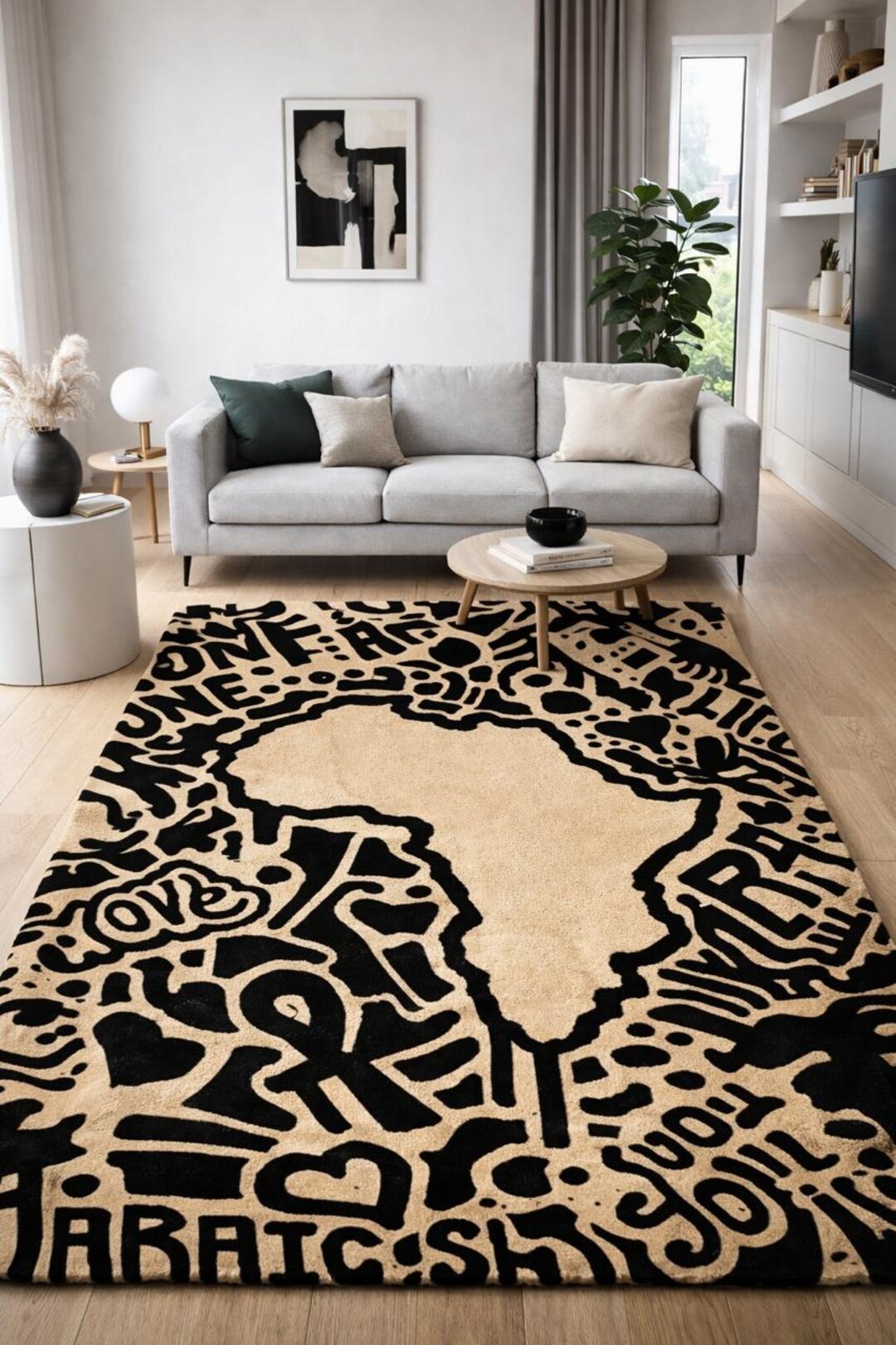 Africa Map Rug, Graffiti Abstract Pattern, Tan Black Wool, Modern ...