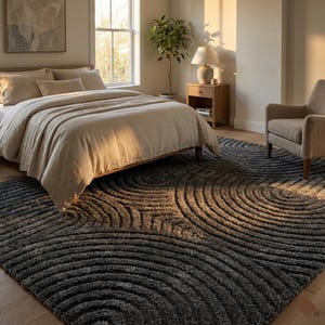 Charcoal Gray Modern Area Rug, Textured Geometric Carpet, Soft Plush Contemporary Rug for Living Room & Bedroom, Minimalist Floor Decor