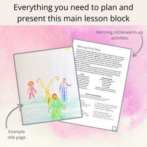 May include: A colorful illustration of three stick figures standing in a circle. The illustration is on a white page with text about morning circle ideas for teachers. The text includes ideas for verses, movement, and poems for each age group.