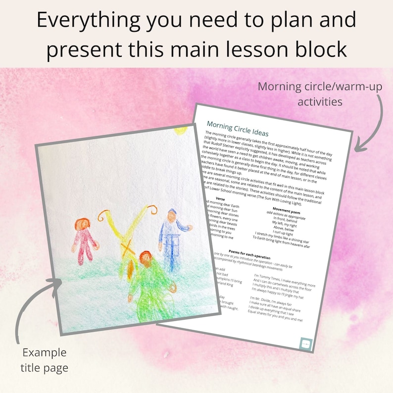 May include: A colorful illustration of three stick figures standing in a circle. The illustration is on a white page with text about morning circle ideas for teachers. The text includes ideas for verses, movement, and poems for each age group.