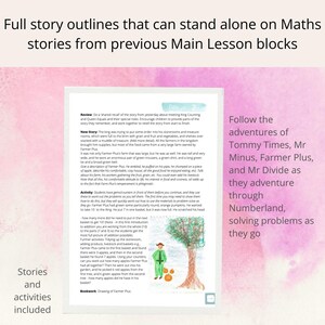 May include: A colorful illustration of a farmer with a green shirt and pants, holding a basket of pumpkins. The text "Follow the adventures of Tommy Times, Mr Minus, Farmer Plus, and Mr Divide as they adventure through Numberland, solving problems as they go" is written in black text on a pink background.