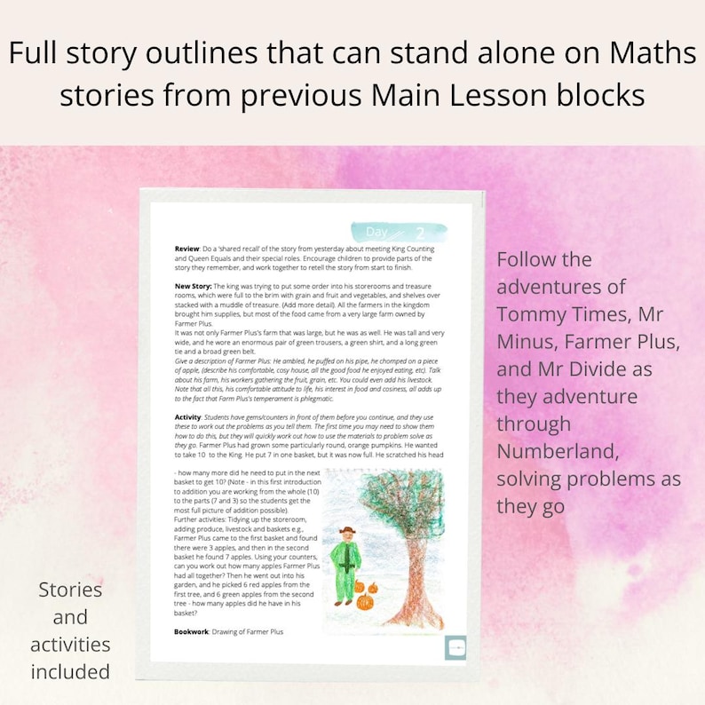 May include: A colorful illustration of a farmer with a green shirt and pants, holding a basket of pumpkins. The text "Follow the adventures of Tommy Times, Mr Minus, Farmer Plus, and Mr Divide as they adventure through Numberland, solving problems as they go" is written in black text on a pink background.