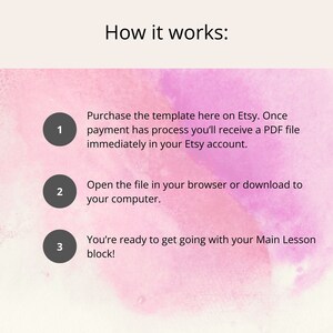 May include: A pink and white watercolor background with three numbered steps on how to use a digital template. Step 1: Purchase the template on Etsy. Step 2: Open the file in your browser or download to your computer. Step 3: You're ready to get going with your Main Lesson block!