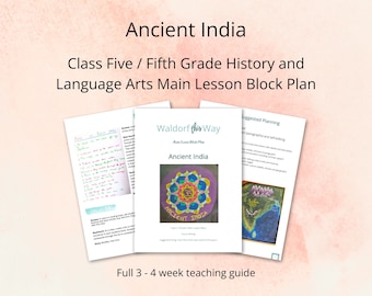 May include: A colorful mandala design with the words "Ancient India" in a circle. The image is a teaching guide for a 3-4 week lesson plan for fifth grade history and language arts.