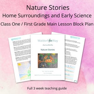 Peut inclure: Trois feuilles de plan de cours intitulées "Nature Stories" avec un fond à l'aquarelle. La feuille centrale présente un dessin d'oiseaux dans un nid. Le texte comprend "Home Surroundings and Early Science" et "Full 3 week teaching guide."
