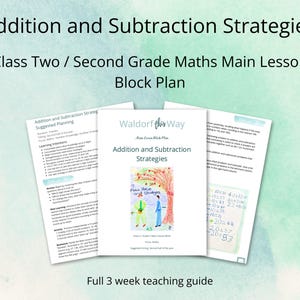 Könnte beinhalten: Ein Lehrbuch mit dem Titel "Addition und Subtraktion Strategien" für Mathematik der zweiten Klasse. Das Bild zeigt Unterrichtspläne und Beispiele für Aufgaben. Das Cover zeigt eine Kinderzeichnung. Der Text auf dem Bild lautet "Full 3 week teaching guide".