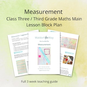 Puede incluir: Un plan de lección imprimible para enseñar medición a los estudiantes de tercer grado. El plan de lección se titula "Medición" e incluye una ilustración colorida de una regla y cuadrados. El texto "Waldorf this Way" es visible en la esquina superior derecha de la página.