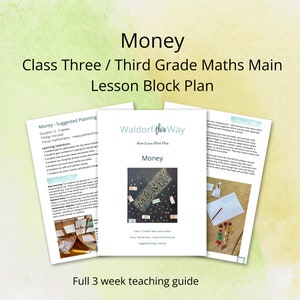 Könnte beinhalten: Ein dreiteiliger Lehrplan für Mathematik der dritten Klasse mit dem Schwerpunkt Geld. Der Leitfaden enthält Unterrichtspläne, Aktivitäten und vorgeschlagene Lernziele. Die Titelseite zeigt den Titel "Geld" in großen, fetten Buchstaben und ein farbenfrohes Bild von Münzen und Scheinen.