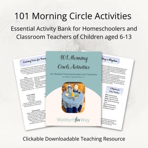 以下が含まれることがあります： 6歳から13歳までの子供のための、ワルドルフの家庭教師と教師向けの「101モーニングサークルアクティビティ」というタイトルの青と白の印刷可能なリソース。このリソースには、歌、物語、運動など、朝のサークルタイムのためのさまざまなアクティビティが含まれています。