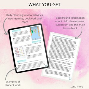 May include: A digital tablet displaying a lesson plan for a primary school math lesson. The lesson plan includes a review activity, a new learning activity, and a bookwork activity. The lesson plan also includes a section on background information about child development, curriculum, and the main lesson block. The lesson plan is titled "What You Get".