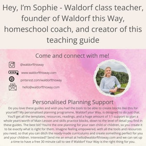 May include: A pink and white watercolor background with a white circle containing a photo of a woman. The text "Come and connect with me!" is above the circle. Below the circle are social media icons and contact information for Waldorf this Way. The text "Personalised Planning Support" is at the bottom of the image, followed by a description of the program.