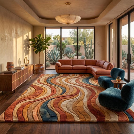 Hand Tufted Wool Area Rug, Retro Wave Mid Century Modern Abstract Carpet