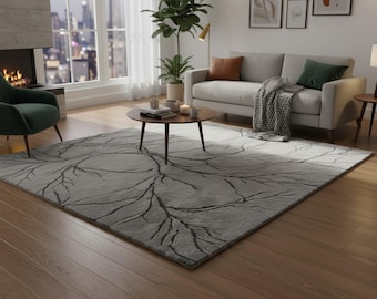 Hand Tufted Wool Area Rug, Grey Abstract Tree Branch Design