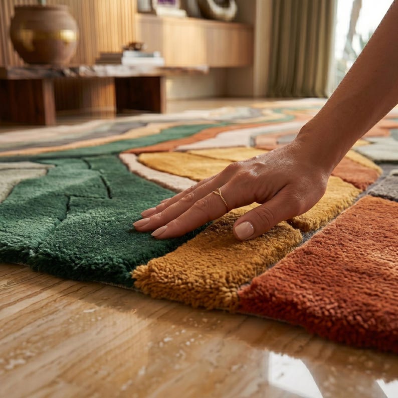 May include: A colorful area rug with an abstract design. The rug features a mix of green, orange, yellow, and gray sections. The texture appears plush and soft, with a hand resting on the surface.